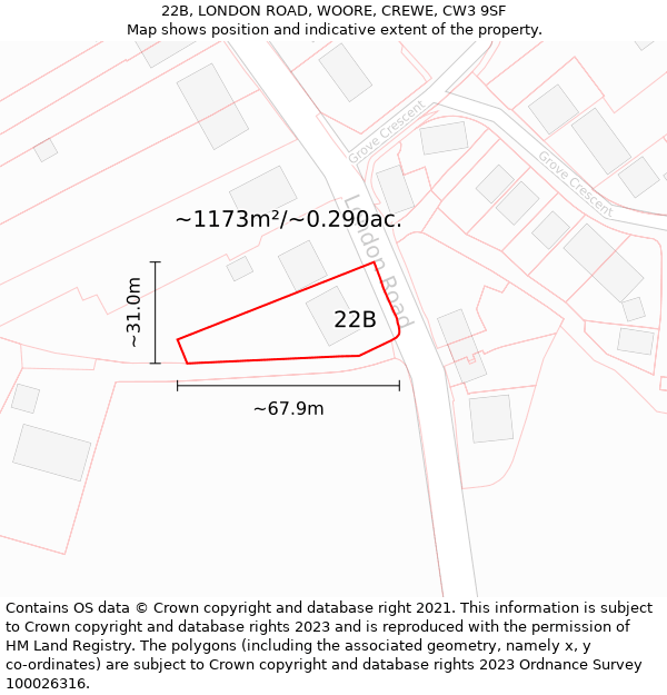 22B, LONDON ROAD, WOORE, CREWE, CW3 9SF: Plot and title map