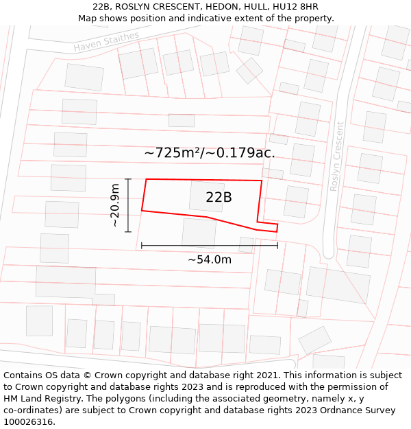 22B, ROSLYN CRESCENT, HEDON, HULL, HU12 8HR: Plot and title map