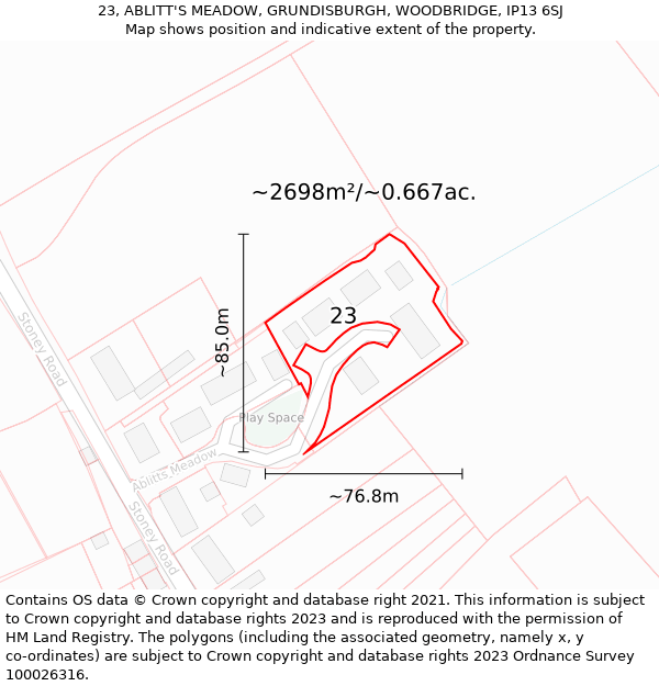 23, ABLITT'S MEADOW, GRUNDISBURGH, WOODBRIDGE, IP13 6SJ: Plot and title map