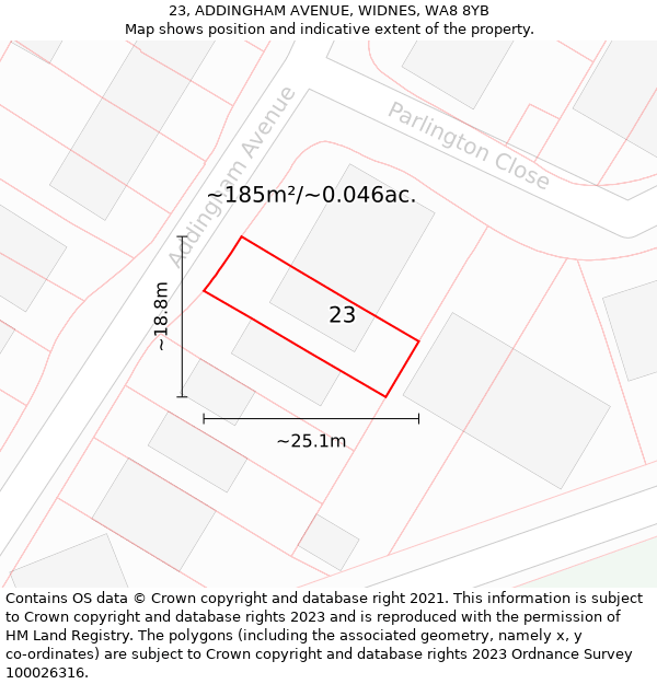 23, ADDINGHAM AVENUE, WIDNES, WA8 8YB: Plot and title map