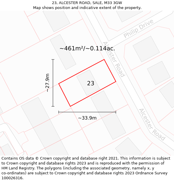 23, ALCESTER ROAD, SALE, M33 3GW: Plot and title map