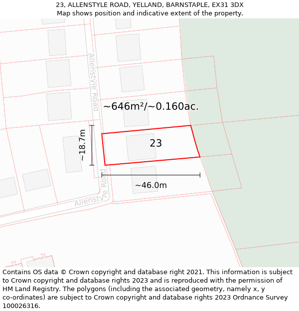 23, ALLENSTYLE ROAD, YELLAND, BARNSTAPLE, EX31 3DX: Plot and title map