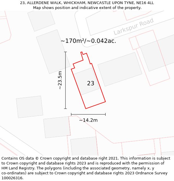 23, ALLERDENE WALK, WHICKHAM, NEWCASTLE UPON TYNE, NE16 4LL: Plot and title map