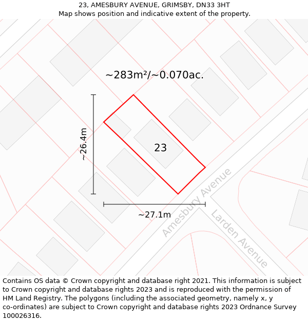 23, AMESBURY AVENUE, GRIMSBY, DN33 3HT: Plot and title map