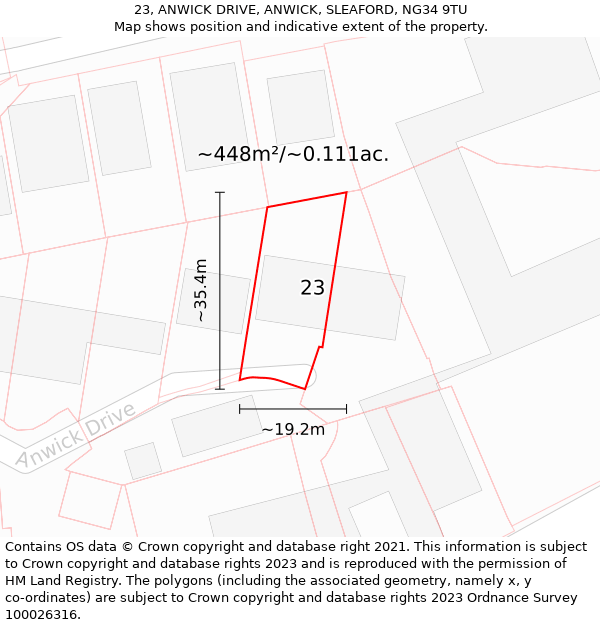 23, ANWICK DRIVE, ANWICK, SLEAFORD, NG34 9TU: Plot and title map