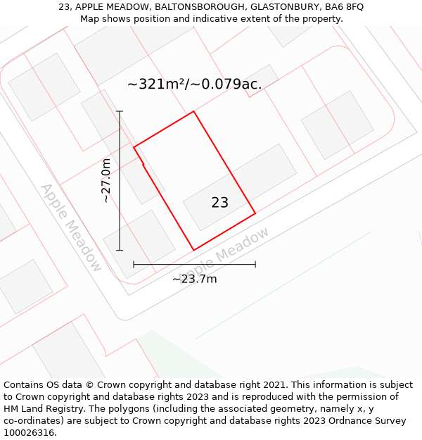 23, APPLE MEADOW, BALTONSBOROUGH, GLASTONBURY, BA6 8FQ: Plot and title map