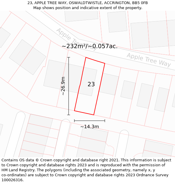 23, APPLE TREE WAY, OSWALDTWISTLE, ACCRINGTON, BB5 0FB: Plot and title map