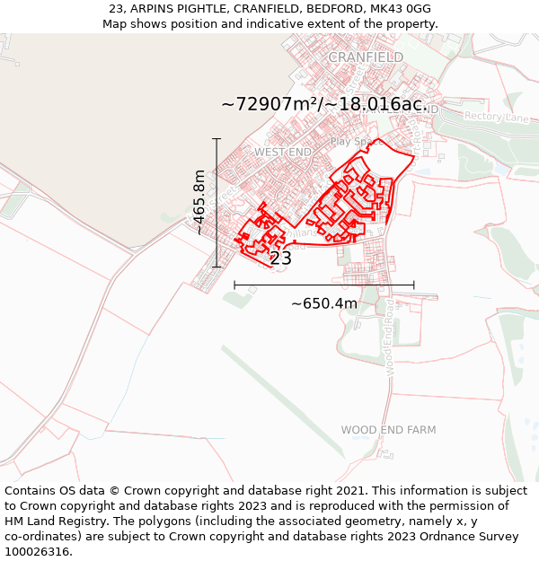 23, ARPINS PIGHTLE, CRANFIELD, BEDFORD, MK43 0GG: Plot and title map