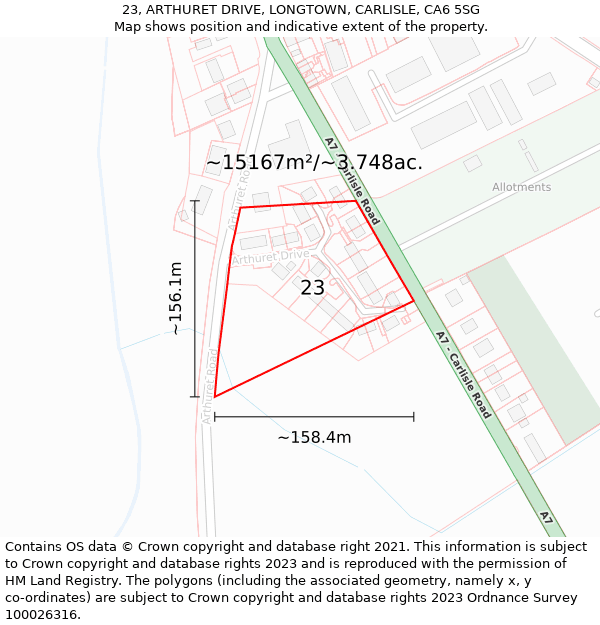 23, ARTHURET DRIVE, LONGTOWN, CARLISLE, CA6 5SG: Plot and title map