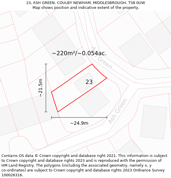 23, ASH GREEN, COULBY NEWHAM, MIDDLESBROUGH, TS8 0UW: Plot and title map