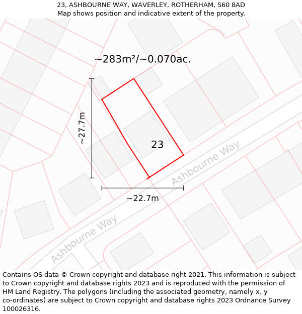 23, ASHBOURNE WAY, WAVERLEY, ROTHERHAM, S60 8AD: Plot and title map