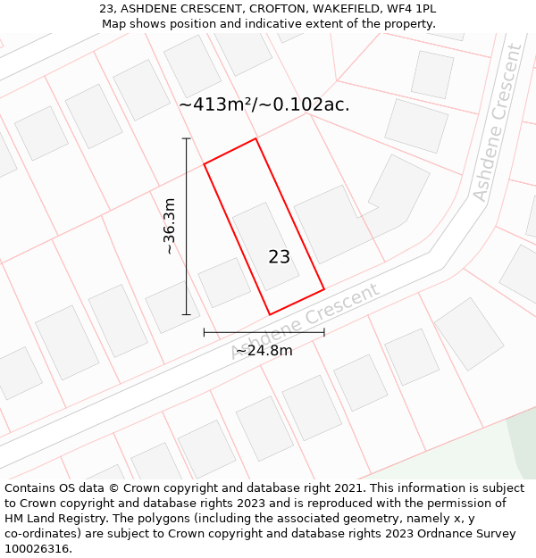 23, ASHDENE CRESCENT, CROFTON, WAKEFIELD, WF4 1PL: Plot and title map