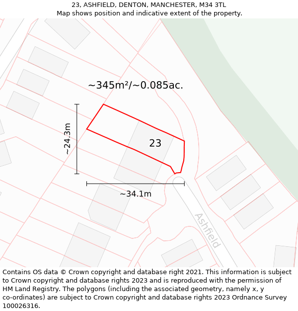 23, ASHFIELD, DENTON, MANCHESTER, M34 3TL: Plot and title map