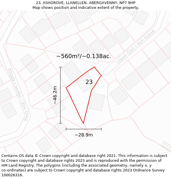 23, ASHGROVE, LLANELLEN, ABERGAVENNY, NP7 9HP: Plot and title map