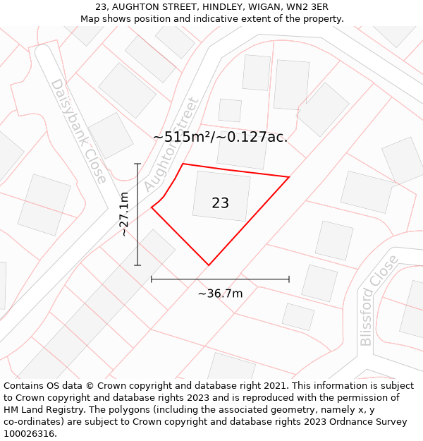 23, AUGHTON STREET, HINDLEY, WIGAN, WN2 3ER: Plot and title map