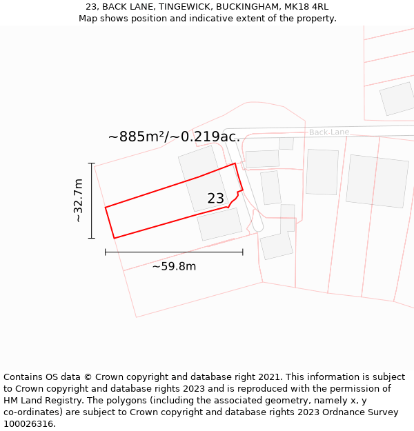 23, BACK LANE, TINGEWICK, BUCKINGHAM, MK18 4RL: Plot and title map