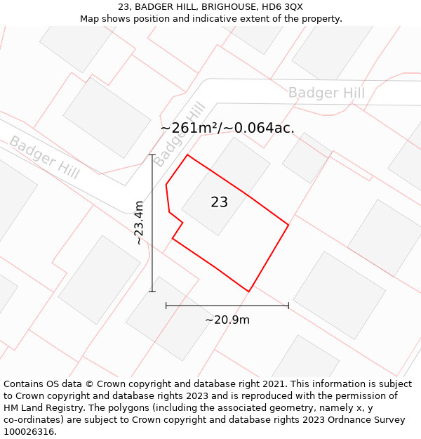 23, BADGER HILL, BRIGHOUSE, HD6 3QX: Plot and title map