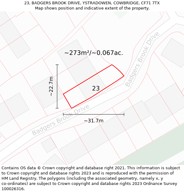 23, BADGERS BROOK DRIVE, YSTRADOWEN, COWBRIDGE, CF71 7TX: Plot and title map