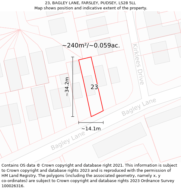 23, BAGLEY LANE, FARSLEY, PUDSEY, LS28 5LL: Plot and title map