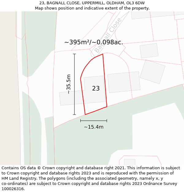 23, BAGNALL CLOSE, UPPERMILL, OLDHAM, OL3 6DW: Plot and title map