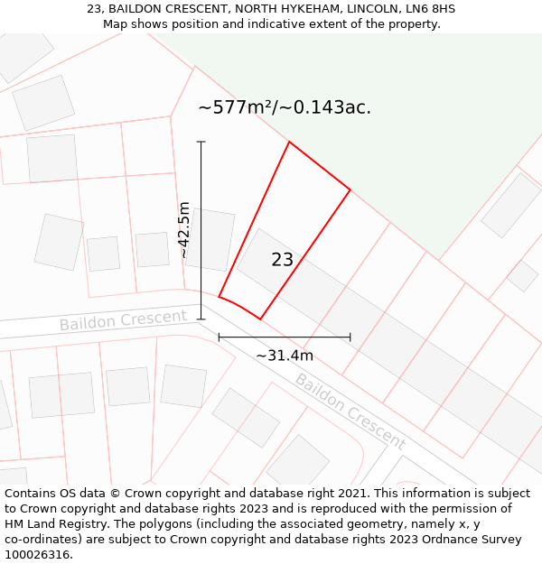 23, BAILDON CRESCENT, NORTH HYKEHAM, LINCOLN, LN6 8HS: Plot and title map