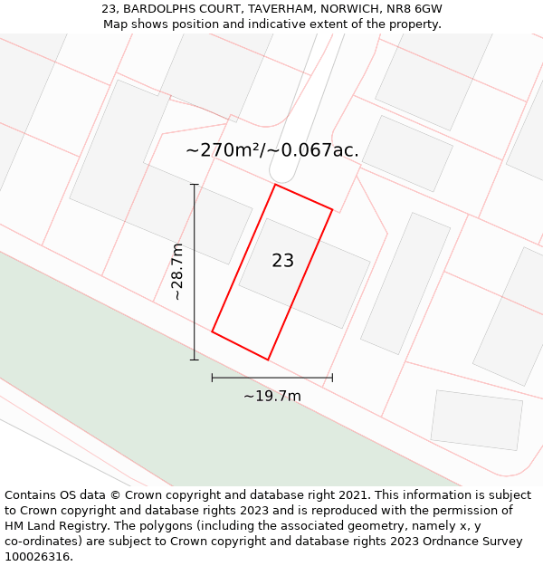 23, BARDOLPHS COURT, TAVERHAM, NORWICH, NR8 6GW: Plot and title map