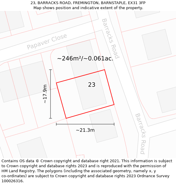 23, BARRACKS ROAD, FREMINGTON, BARNSTAPLE, EX31 3FP: Plot and title map