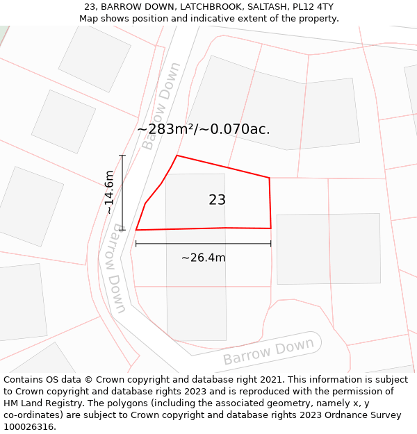 23, BARROW DOWN, LATCHBROOK, SALTASH, PL12 4TY: Plot and title map