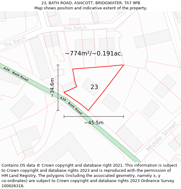 23, BATH ROAD, ASHCOTT, BRIDGWATER, TA7 9PB: Plot and title map