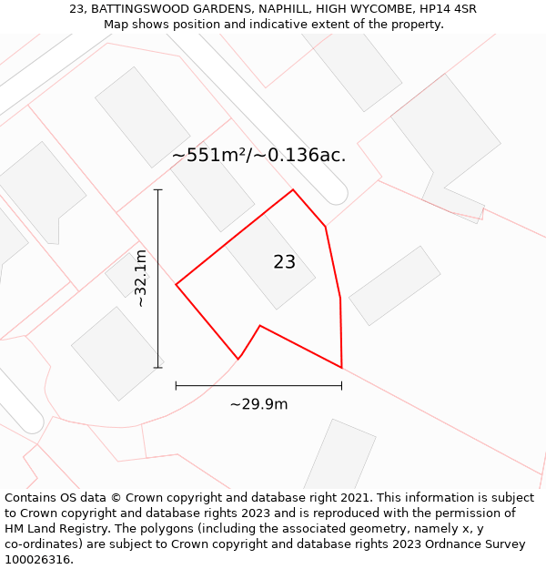 23, BATTINGSWOOD GARDENS, NAPHILL, HIGH WYCOMBE, HP14 4SR: Plot and title map