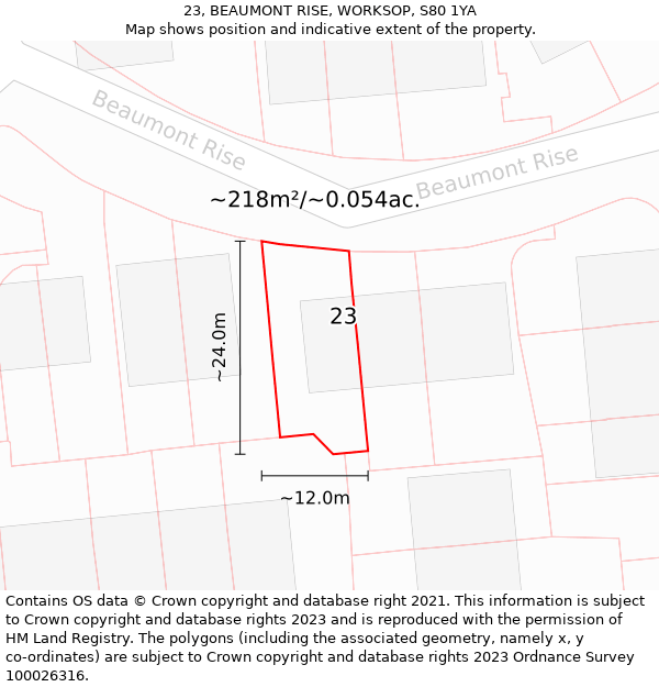 23, BEAUMONT RISE, WORKSOP, S80 1YA: Plot and title map