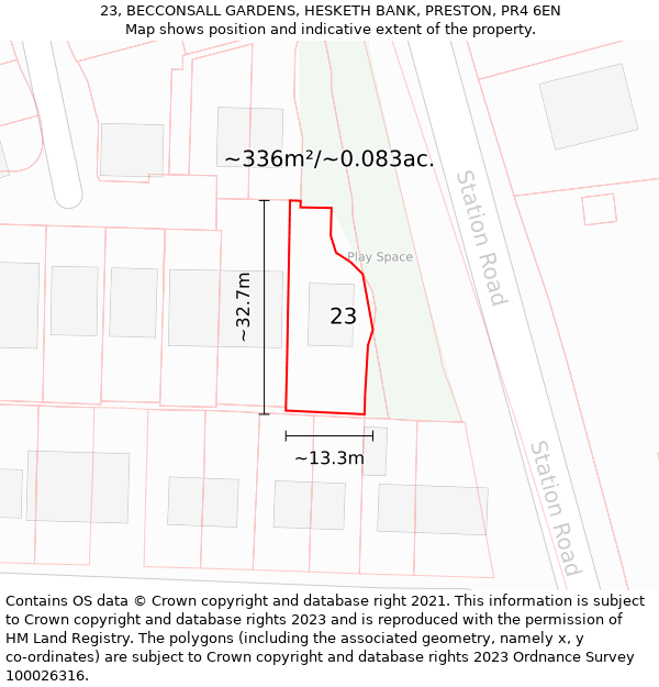 23, BECCONSALL GARDENS, HESKETH BANK, PRESTON, PR4 6EN: Plot and title map