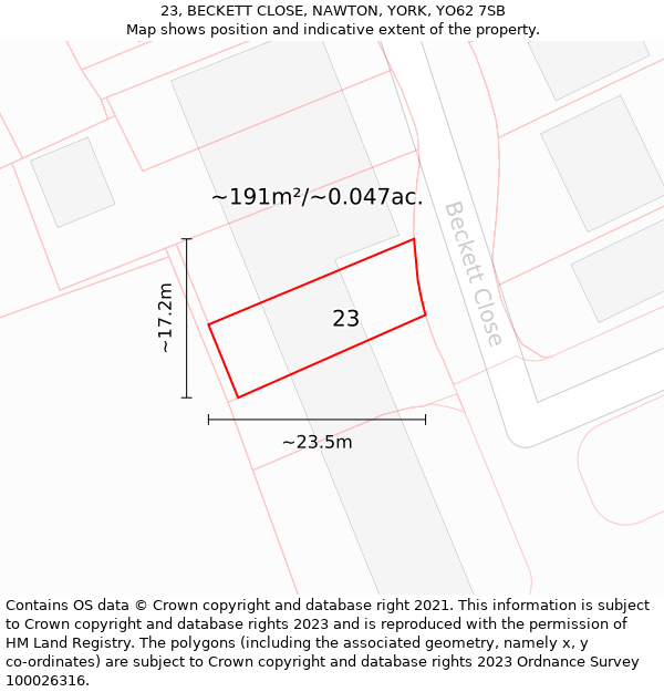 23, BECKETT CLOSE, NAWTON, YORK, YO62 7SB: Plot and title map