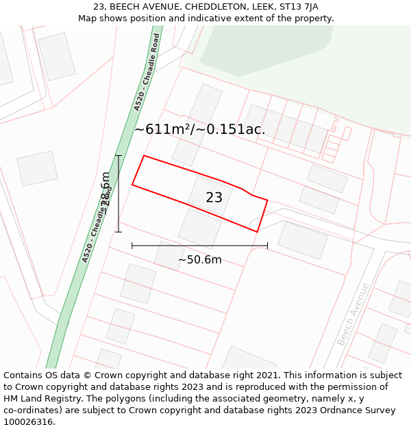 23, BEECH AVENUE, CHEDDLETON, LEEK, ST13 7JA: Plot and title map