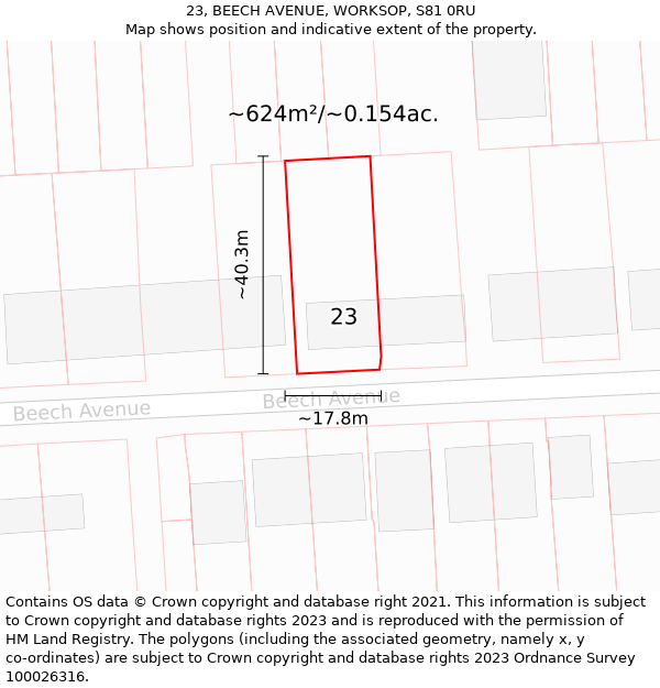 23, BEECH AVENUE, WORKSOP, S81 0RU: Plot and title map