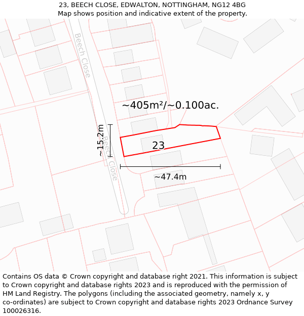 23, BEECH CLOSE, EDWALTON, NOTTINGHAM, NG12 4BG: Plot and title map