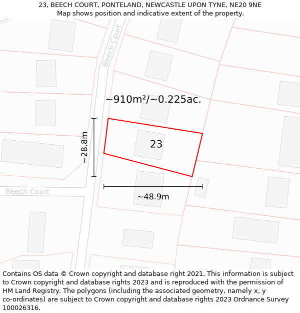 23, BEECH COURT, PONTELAND, NEWCASTLE UPON TYNE, NE20 9NE: Plot and title map