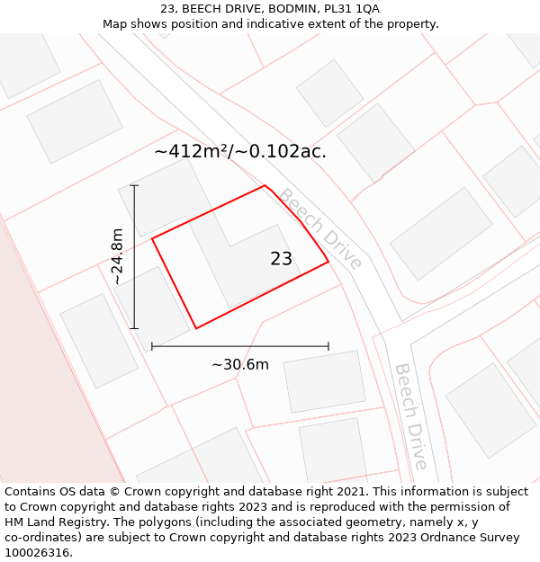 23, BEECH DRIVE, BODMIN, PL31 1QA: Plot and title map