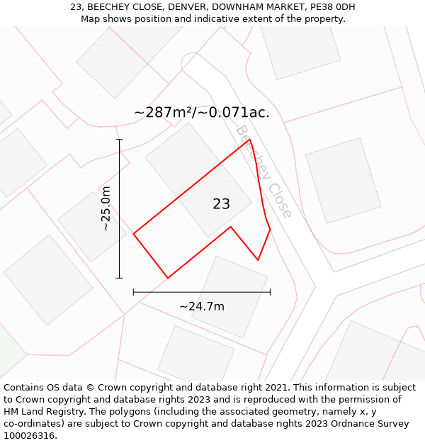 23, BEECHEY CLOSE, DENVER, DOWNHAM MARKET, PE38 0DH: Plot and title map