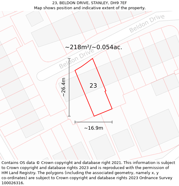 23, BELDON DRIVE, STANLEY, DH9 7EF: Plot and title map