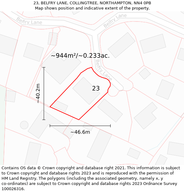 23, BELFRY LANE, COLLINGTREE, NORTHAMPTON, NN4 0PB: Plot and title map