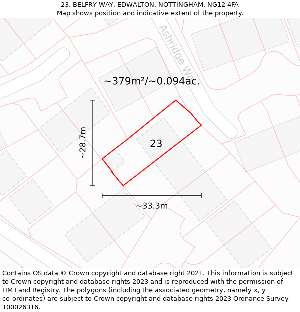 23, BELFRY WAY, EDWALTON, NOTTINGHAM, NG12 4FA: Plot and title map