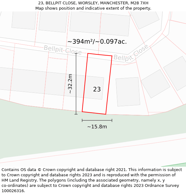 23, BELLPIT CLOSE, WORSLEY, MANCHESTER, M28 7XH: Plot and title map