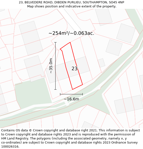 23, BELVEDERE ROAD, DIBDEN PURLIEU, SOUTHAMPTON, SO45 4NP: Plot and title map