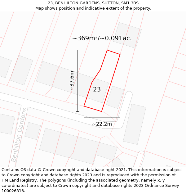 23, BENHILTON GARDENS, SUTTON, SM1 3BS: Plot and title map