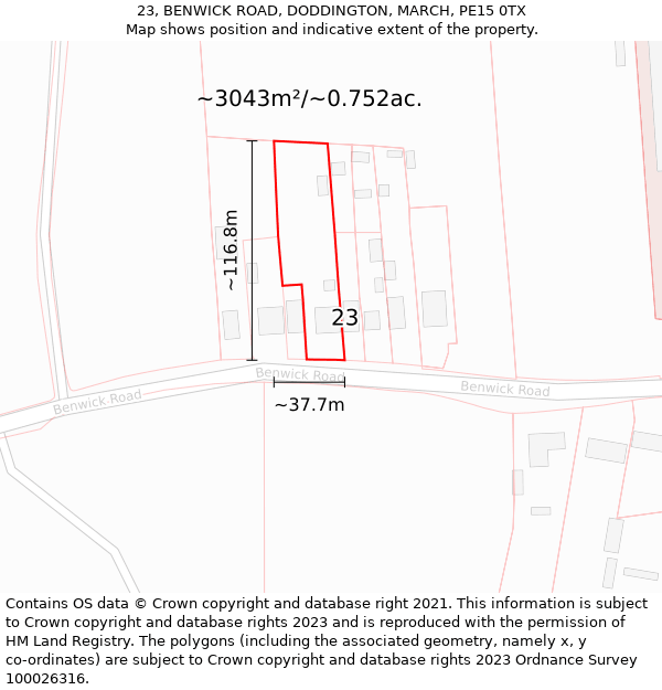 23, BENWICK ROAD, DODDINGTON, MARCH, PE15 0TX: Plot and title map