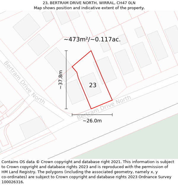 23, BERTRAM DRIVE NORTH, WIRRAL, CH47 0LN: Plot and title map