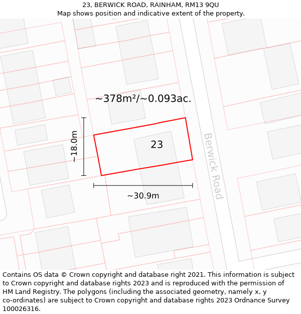 23, BERWICK ROAD, RAINHAM, RM13 9QU: Plot and title map