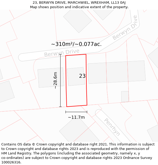 23, BERWYN DRIVE, MARCHWIEL, WREXHAM, LL13 0AJ: Plot and title map