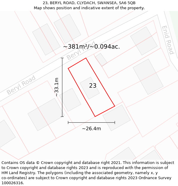 23, BERYL ROAD, CLYDACH, SWANSEA, SA6 5QB: Plot and title map